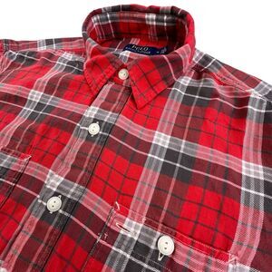 Polo Ralph Lauren Loop Collar Flannel Shirt Men M Red Plaid Long Sleeve Designer
